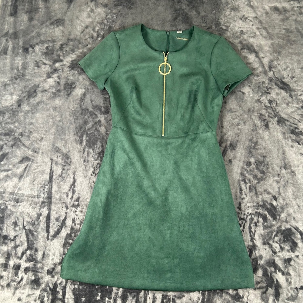 Calvin Klein Faux Suede Dress Womens 8 Green Ring Zip Short Sleeve Fit Flare